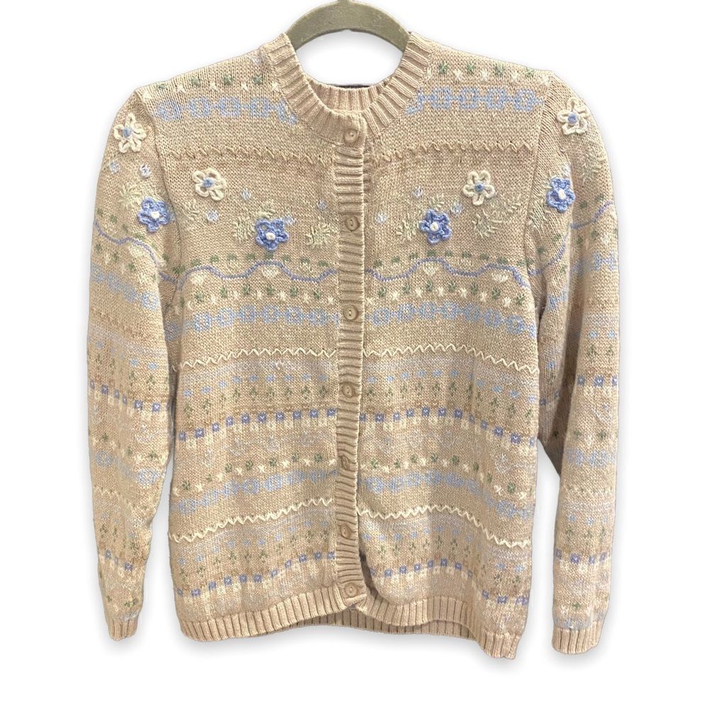 Cherokee Vintage Boho Cottagecore Embroidered Crochet Floral Button Up Sweater